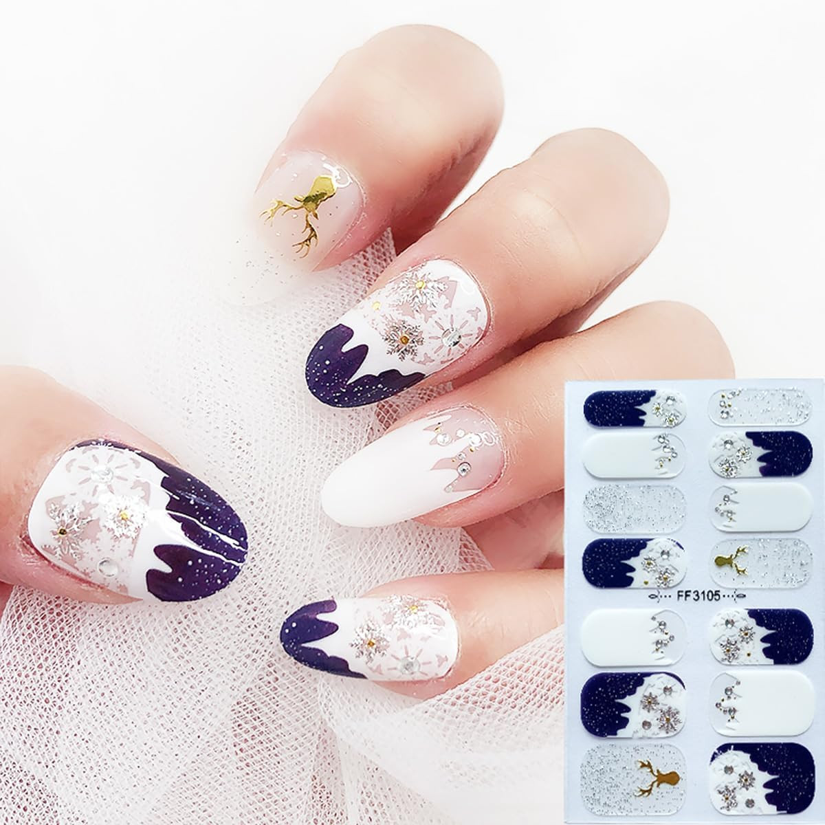 4 Sheets Christmas Nail Wraps Stickers 5D Charms White Snowflake Gel Nail Sticke