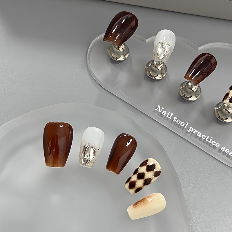 Brown Red Medium Press-on Nails Crystal Diamond Nails Nail Tips Stick on Nails