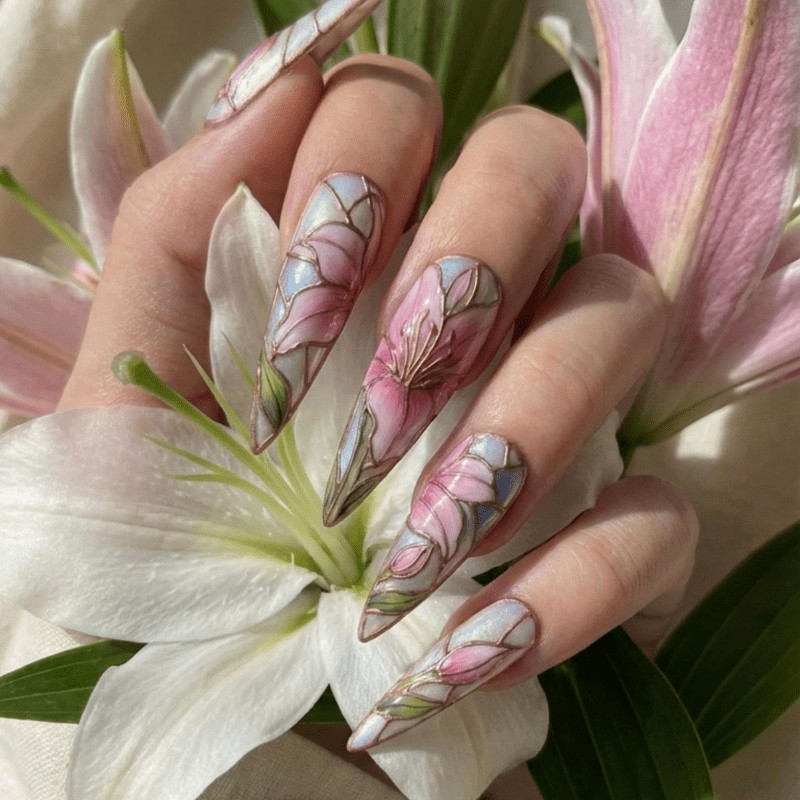 Lily Stained Handmade Press on Nails Gold Line Pastel Gloss Elegant Fake Nails
