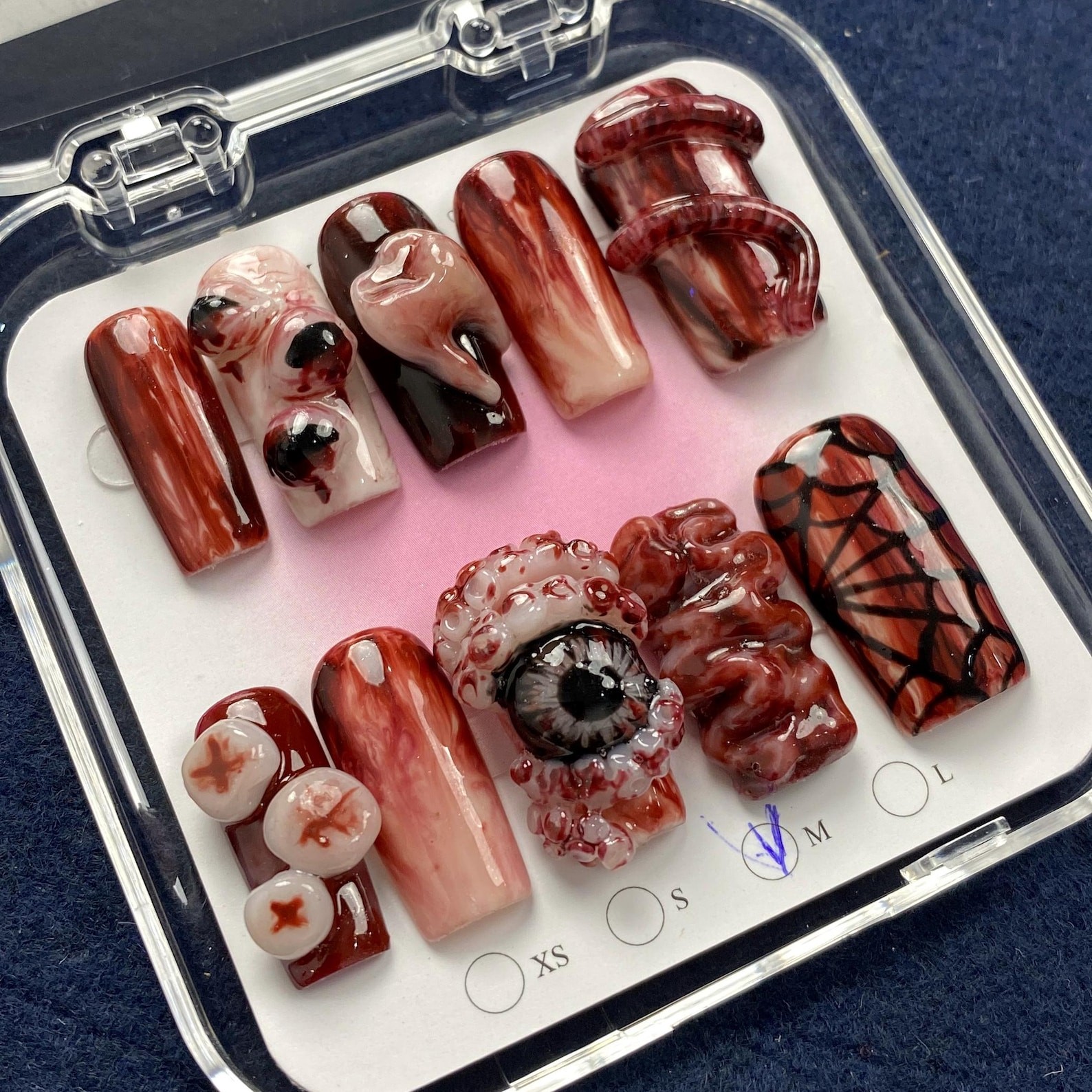 Custom Handmade Horror Bloody Halloween Eyeball Tooth Worm Square Press on Nails