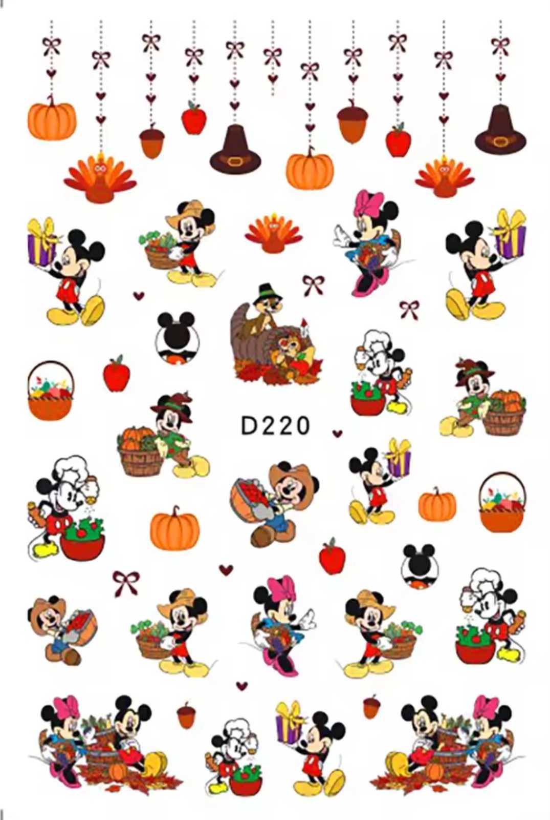 Nail Art Stickers Autumn Thanksgiving Mickey & Minnie Disney Cute Cartoon D220