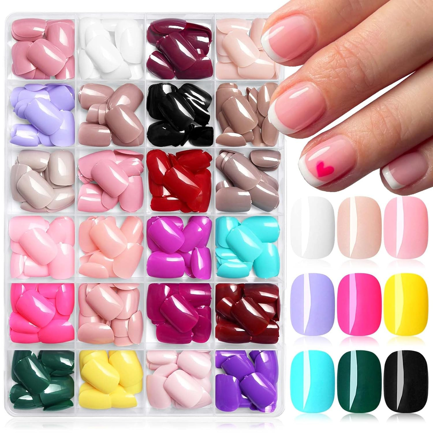 576Pc round Square Press on Nails Short Fake Nails with Glue Tabs, Extra Short A