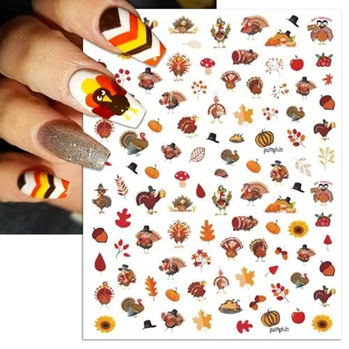 Fall Nail Art Stickers, Thanksgiving Day Turkey Nail Decals, 3D Self-Adhesive