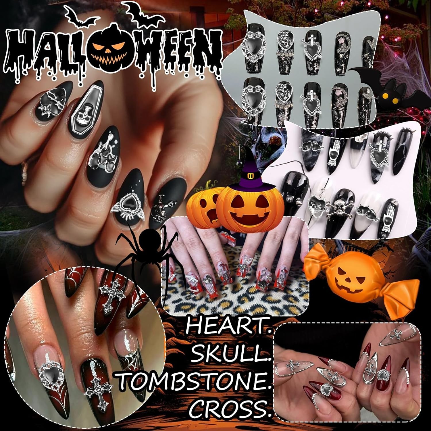 Halloween Nail Charms 24pcs Gothic Heart Cross Tombstone Gems Art Accessories