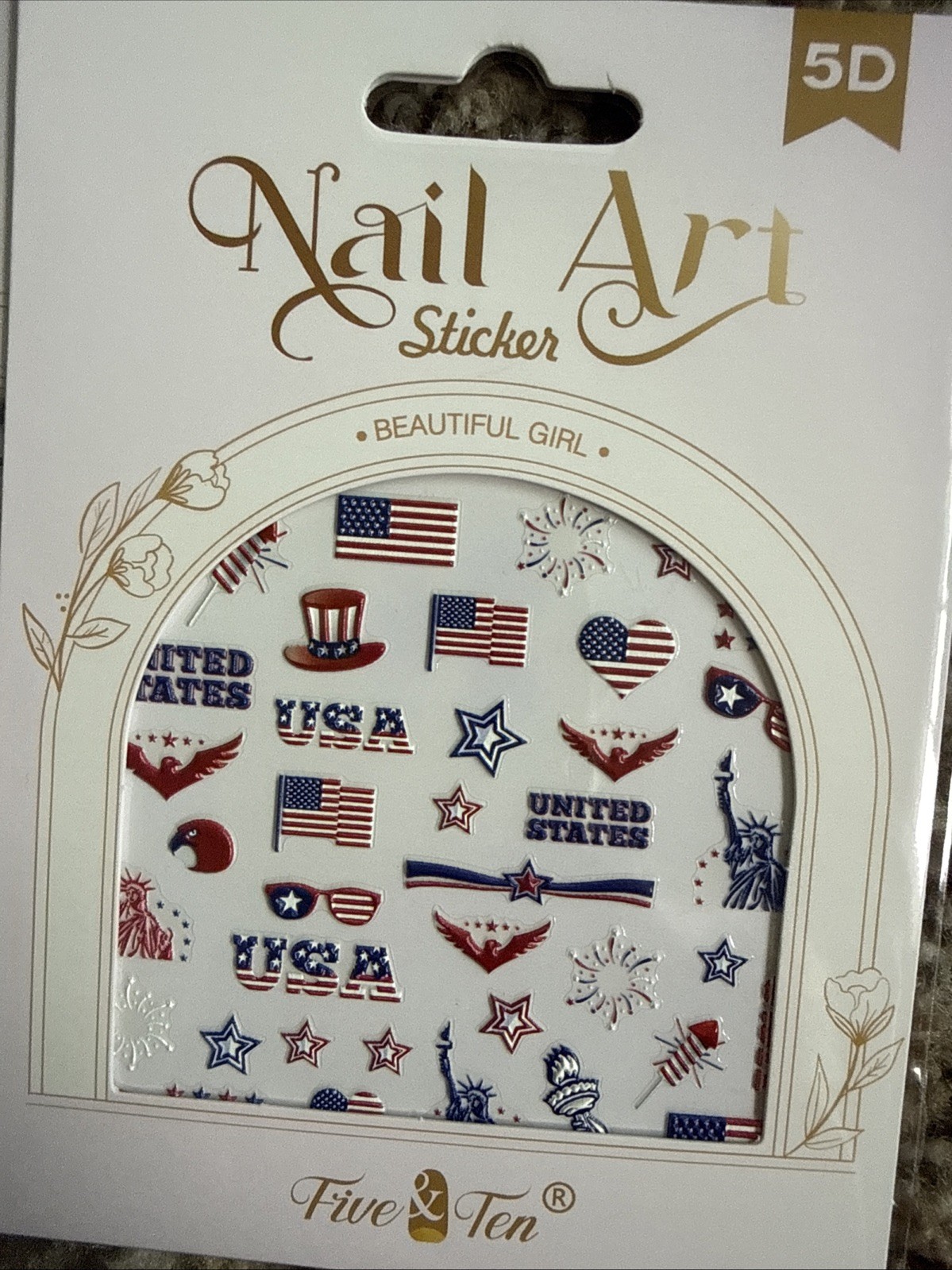 Nbntgh Red, White, Blue 5D Nail Stickers 4 Sheets
