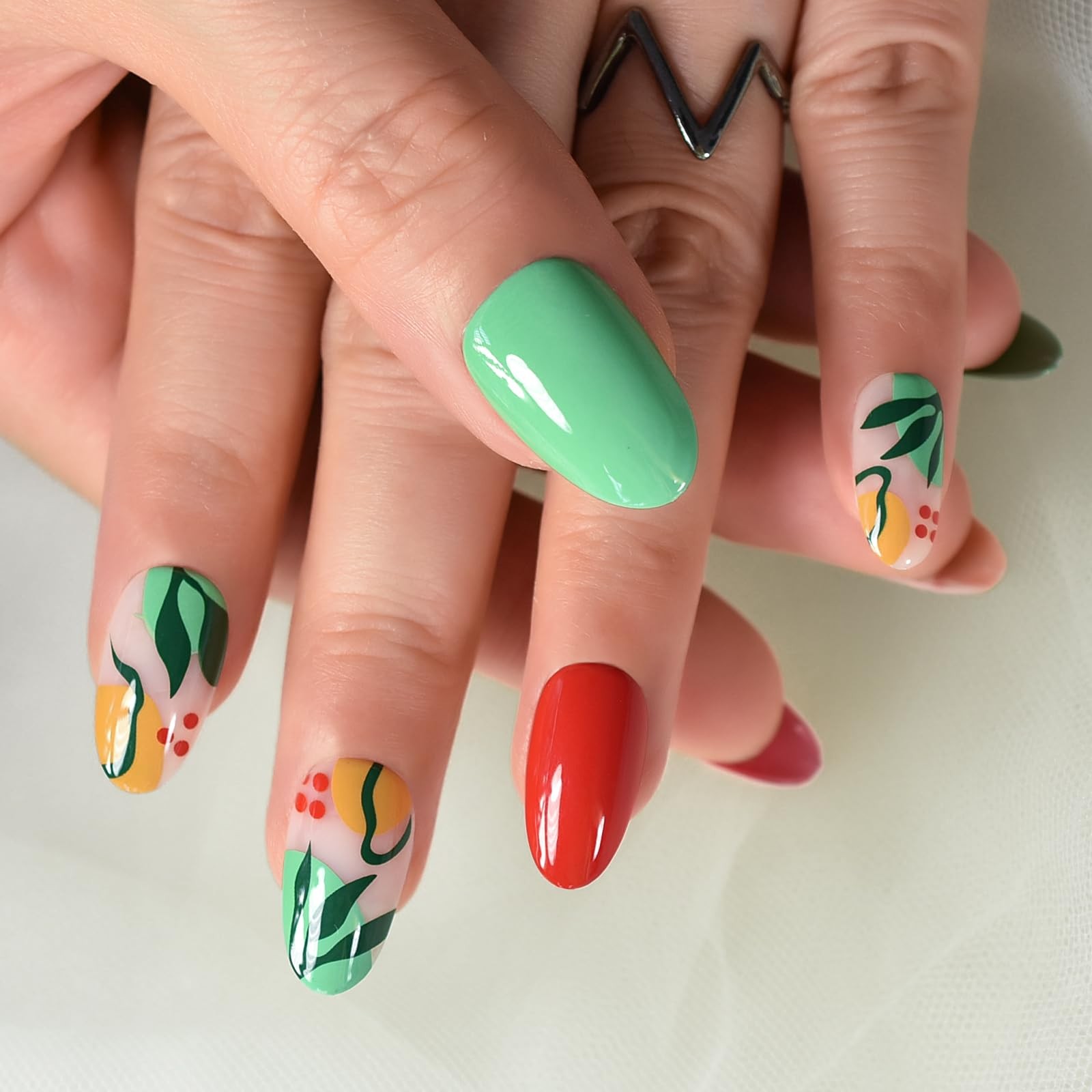 Pre-design Press On Nails Glossy Green Red False Nails Medium Long Nail Art T…