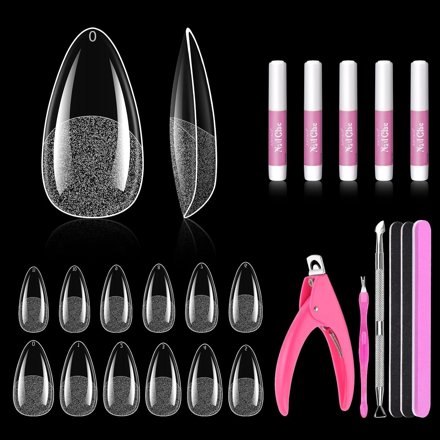 480Pcs Clear Almond Fake Nail Tips Kit Full Cover | ABS Nail Kit, 12 Sizes 0-…