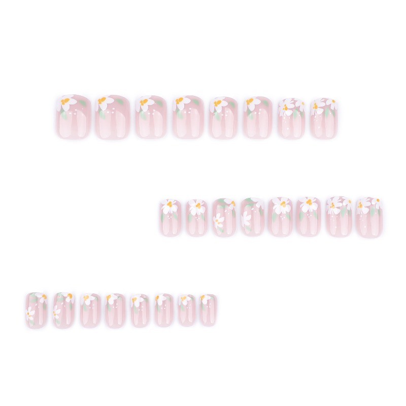48Pcs-Nude White Daisy Press on Nails Short Round Nail Art Green Leaf Detail