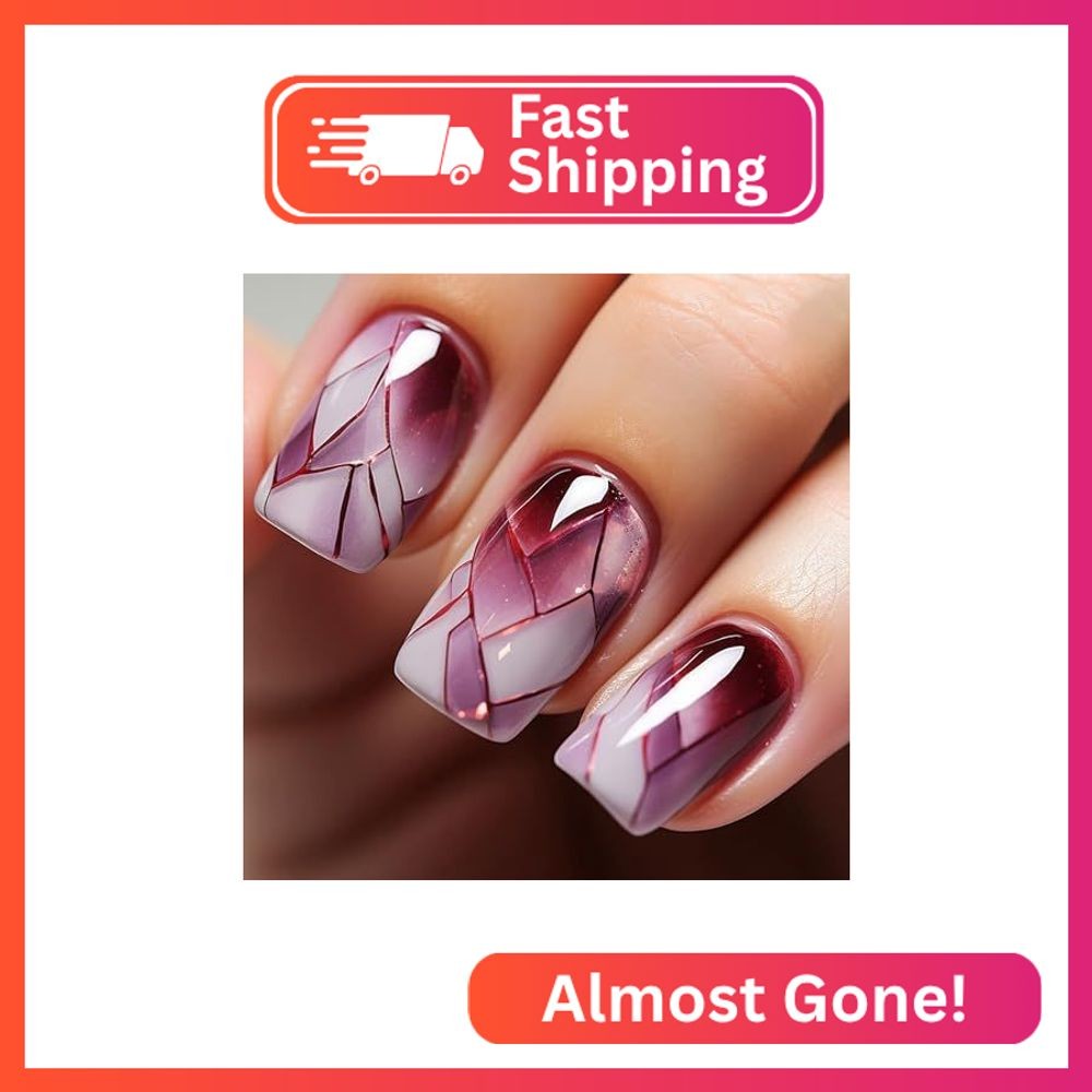 Press on Nails Medium Length Wine Red Square False Nails Lines Grids Design Char