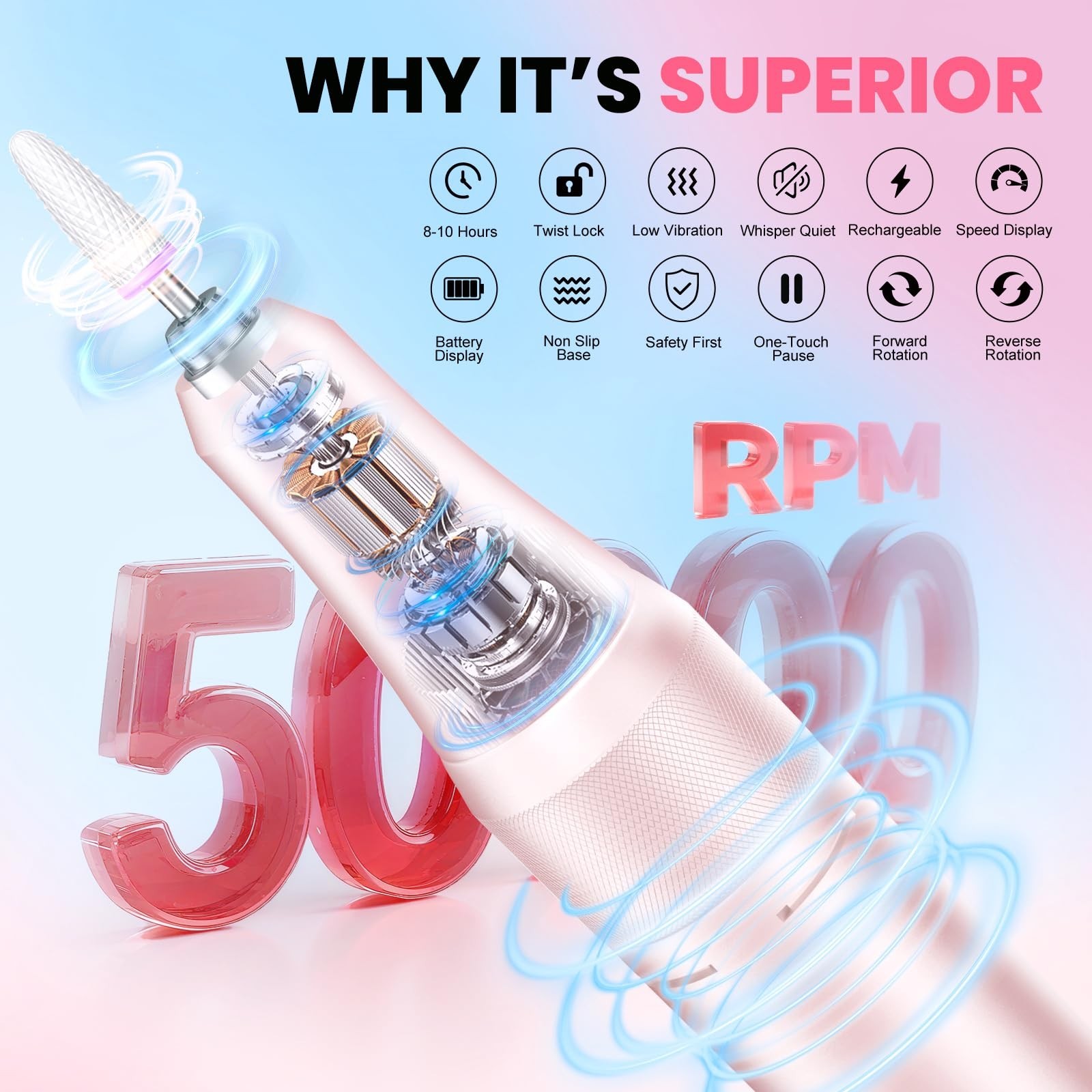 High Speed Nail Drill for Acrylic Removal, 50,000 RPM Pro E-File with LCD, Bi…