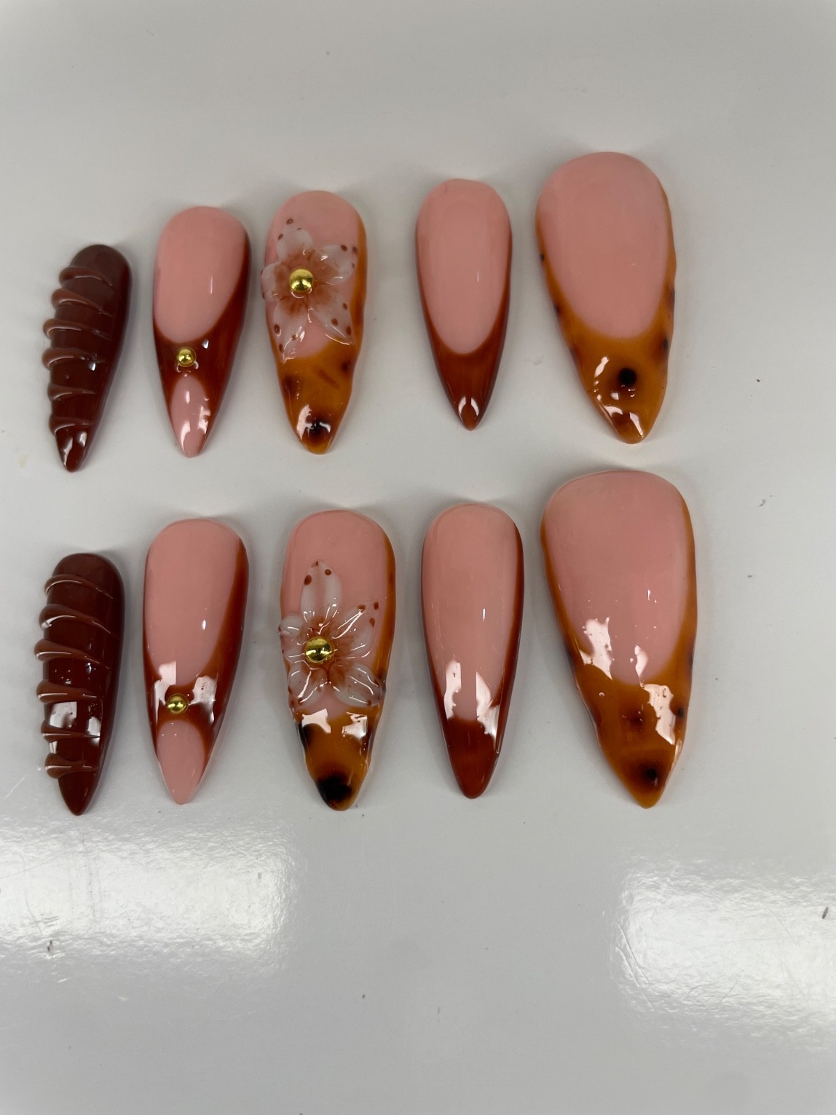 Brown Tortoise Shell Press On Nails | 3D Flower Nail Set | Nude & Brown Handmade
