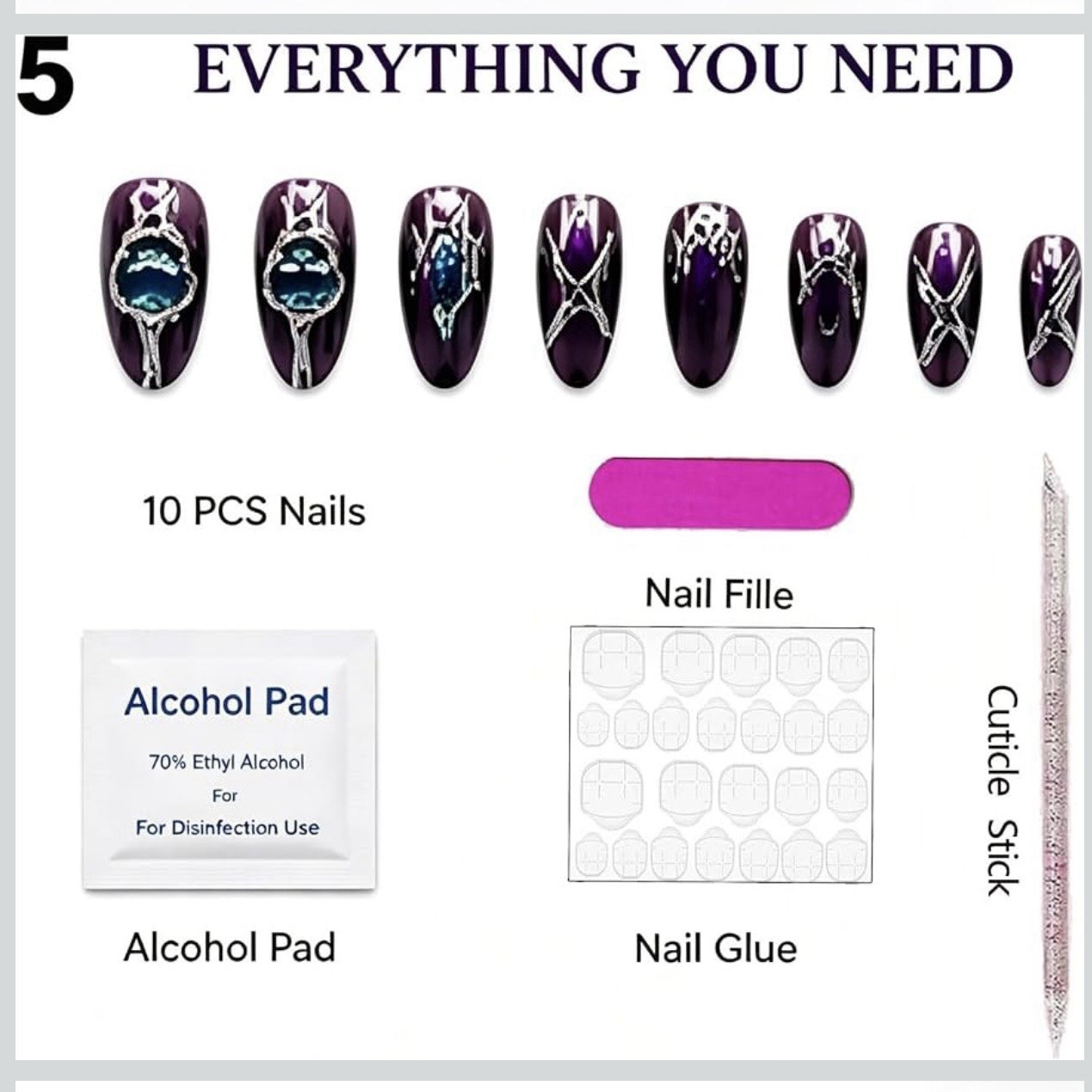 Handmade Purple Chrome Press On Nails Medium Almond Teal Gems 10Pc Reusable