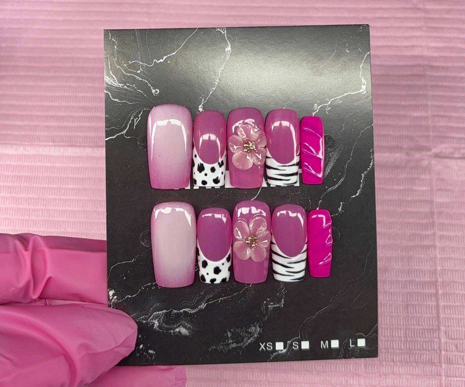 Medium square press on nails animal print 3d gel flower aura