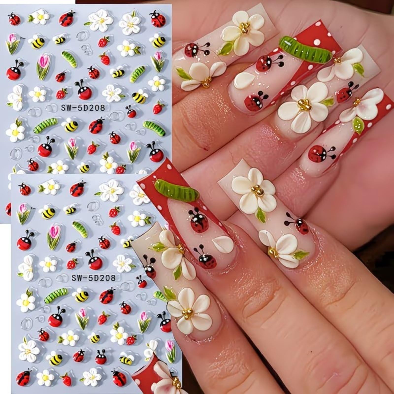 Spring Nail Art Stickers 5D Embossed Flower Nail Deals Bee Floral Ladybug Str…