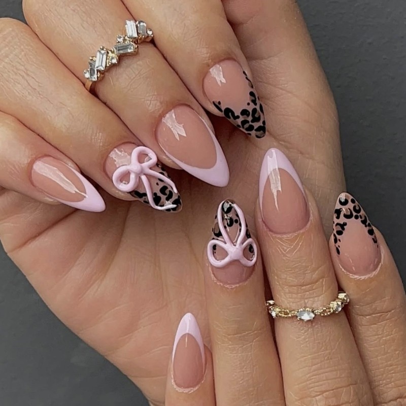 Sweet Edgy 3D Bows Leopard Print French Press On Nail ABS Material For Party