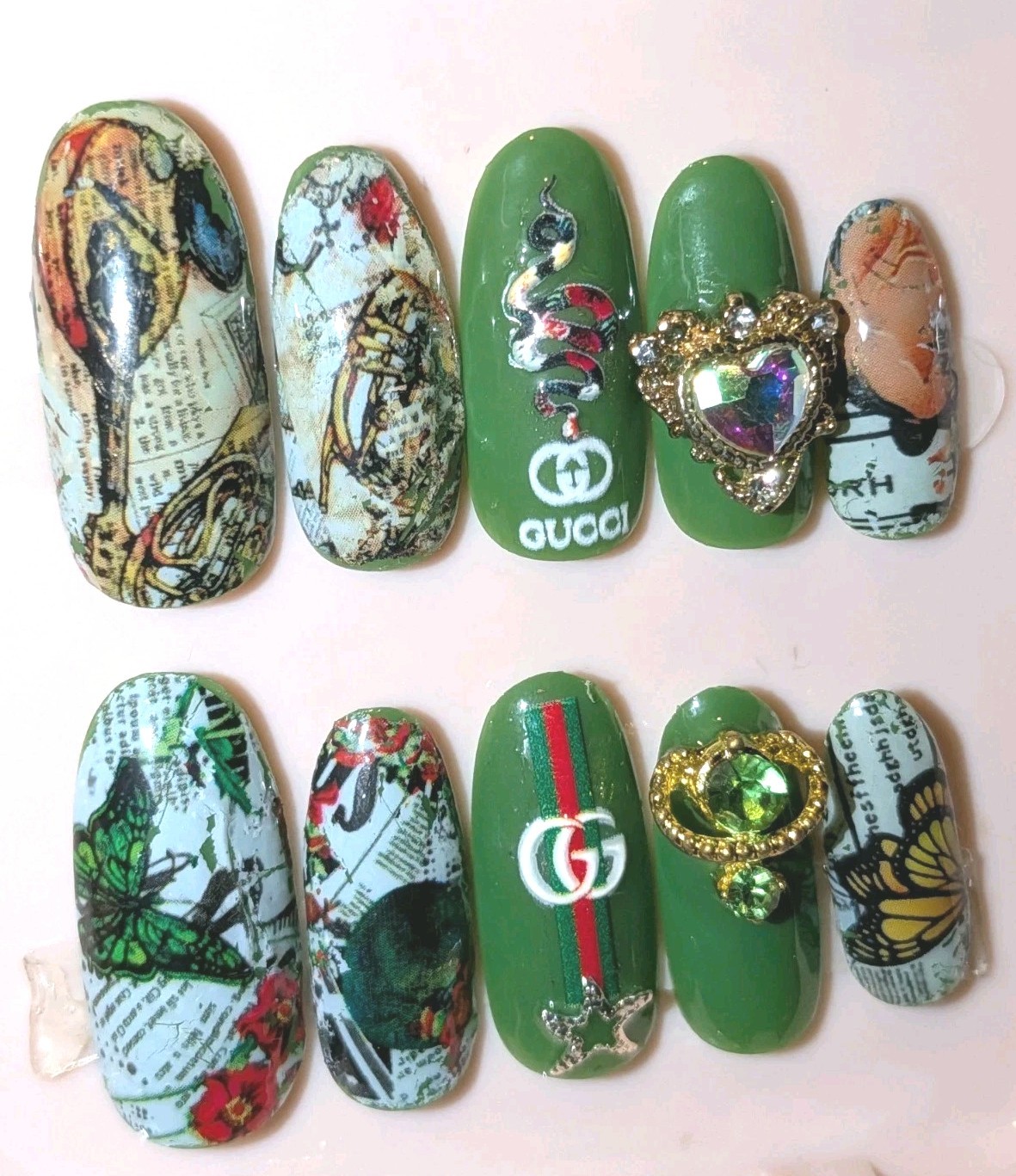 Printed custom decorative 10pc short acrylic press on nails sz medium Glue…