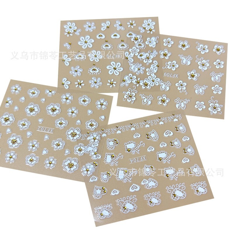 10sheets White Lace Daisy Flower Gold Rhinestones Nail Art Stickers Decor XF