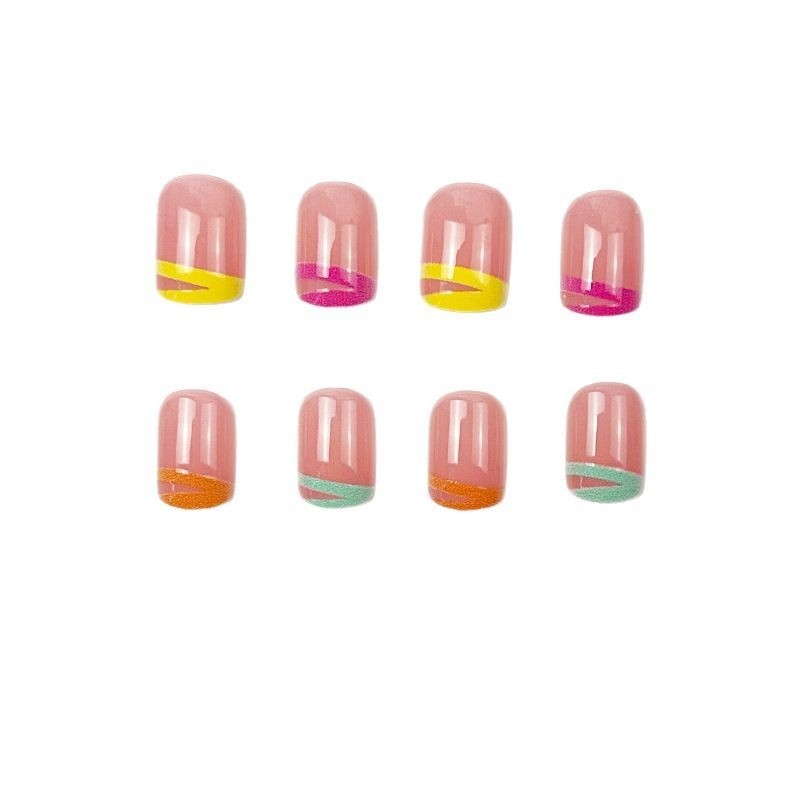 48pcs-Vibrant Matte Press on Nails with Neon French Tips and Modern Line Art
