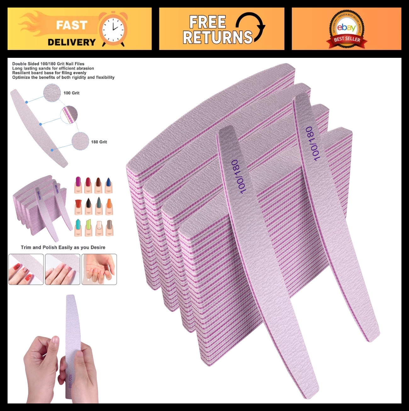 100 Pcs Nail Files 100/180 Grit Emery Boards for Acrylic & Natural Nails, Double