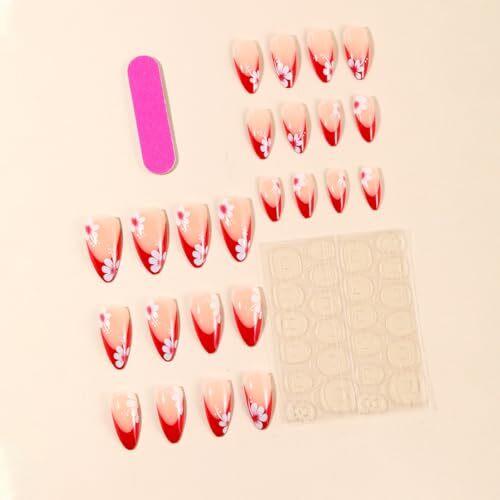 Red French Press on Nails Medium Almond Fake 1 Fl Oz (Pack of 24) Style-25