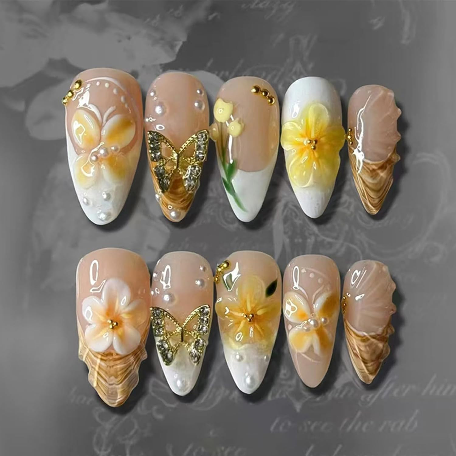 Cute Spring Press on Nails Almond Shape Medium Fake Nails with Small Flower Stra