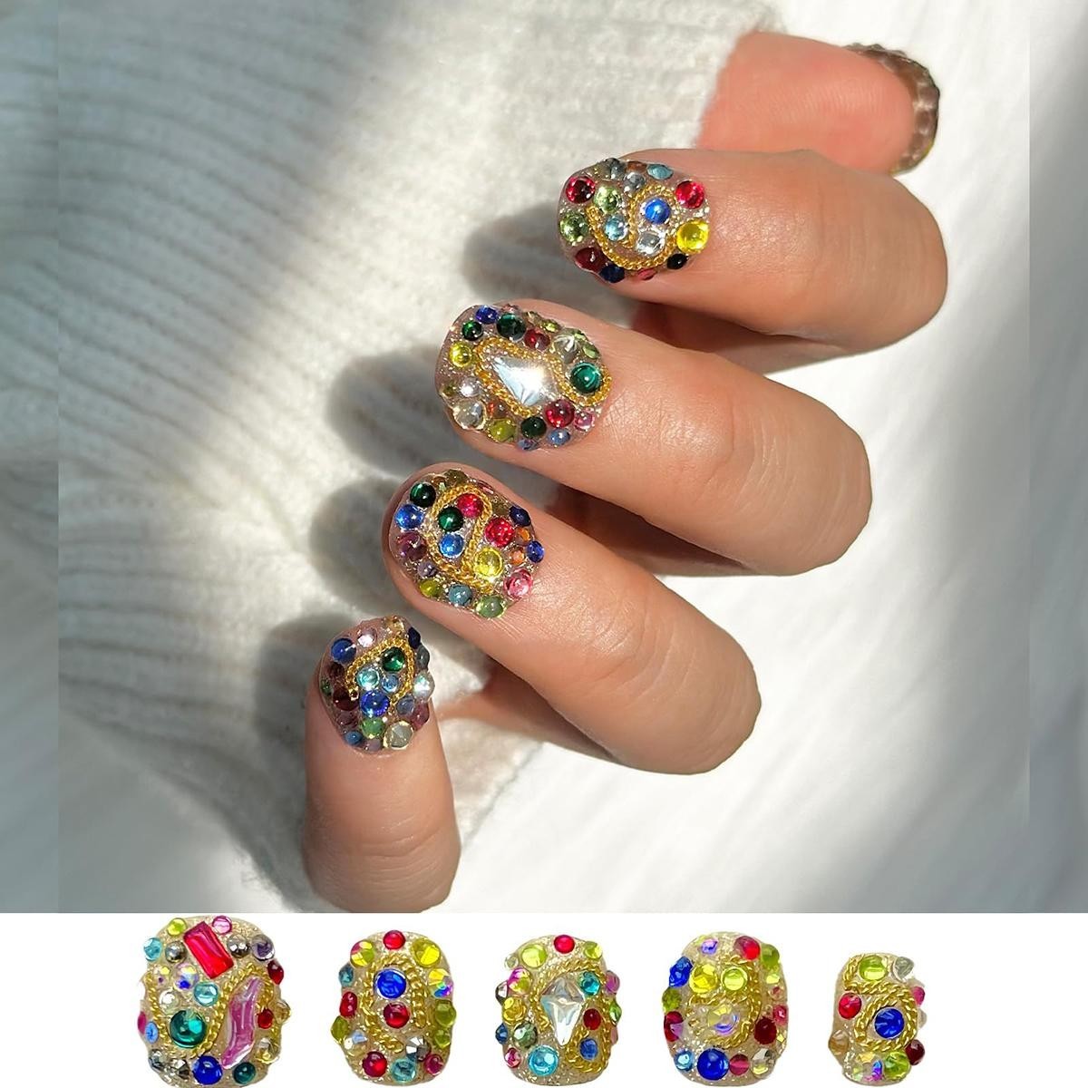 Handmade Colorful Full Stone Press On Nails Short Square Press on False Nails