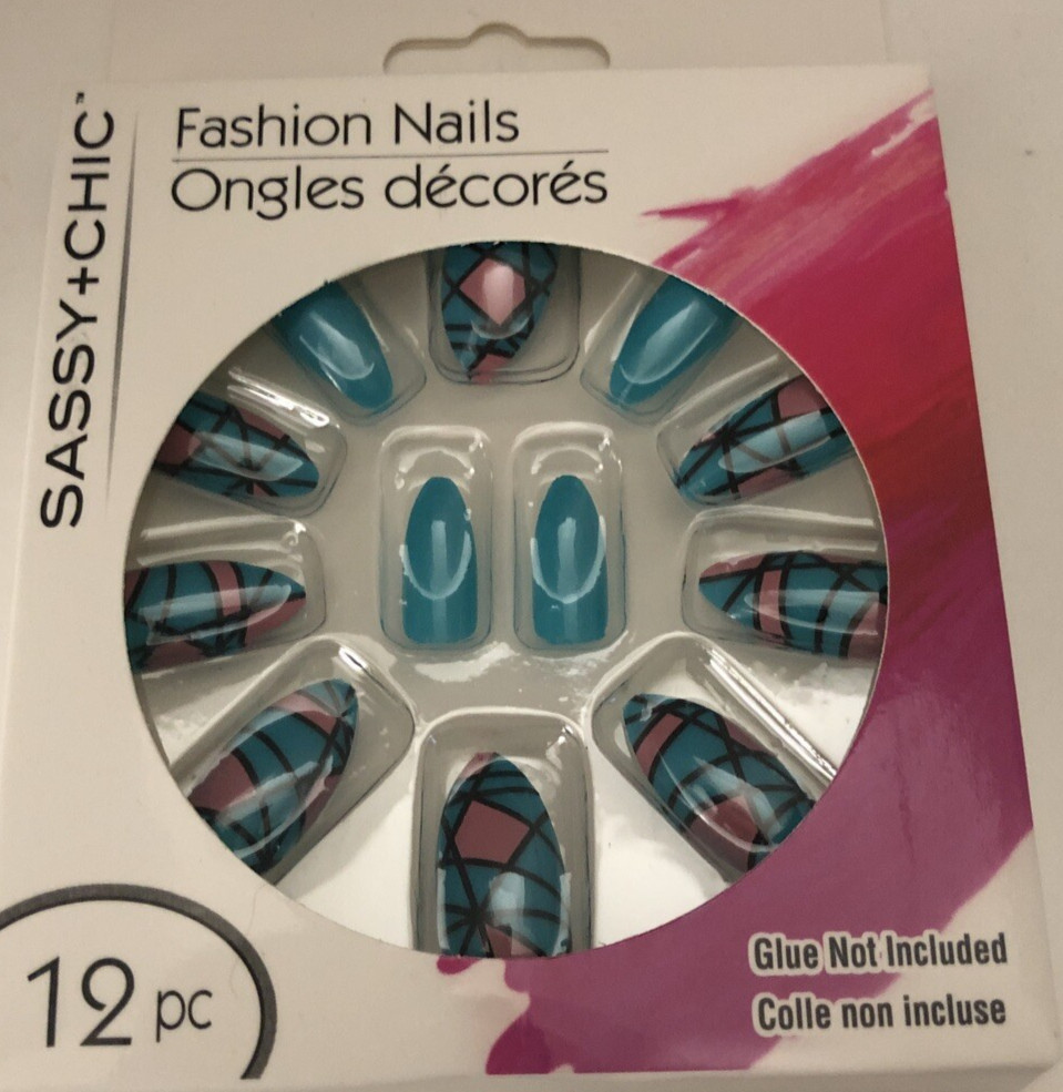 NEW Sassy+Chic Fashion Nails Blue And Pink-1pk of 12pc-Glue Not Included SHIPN24