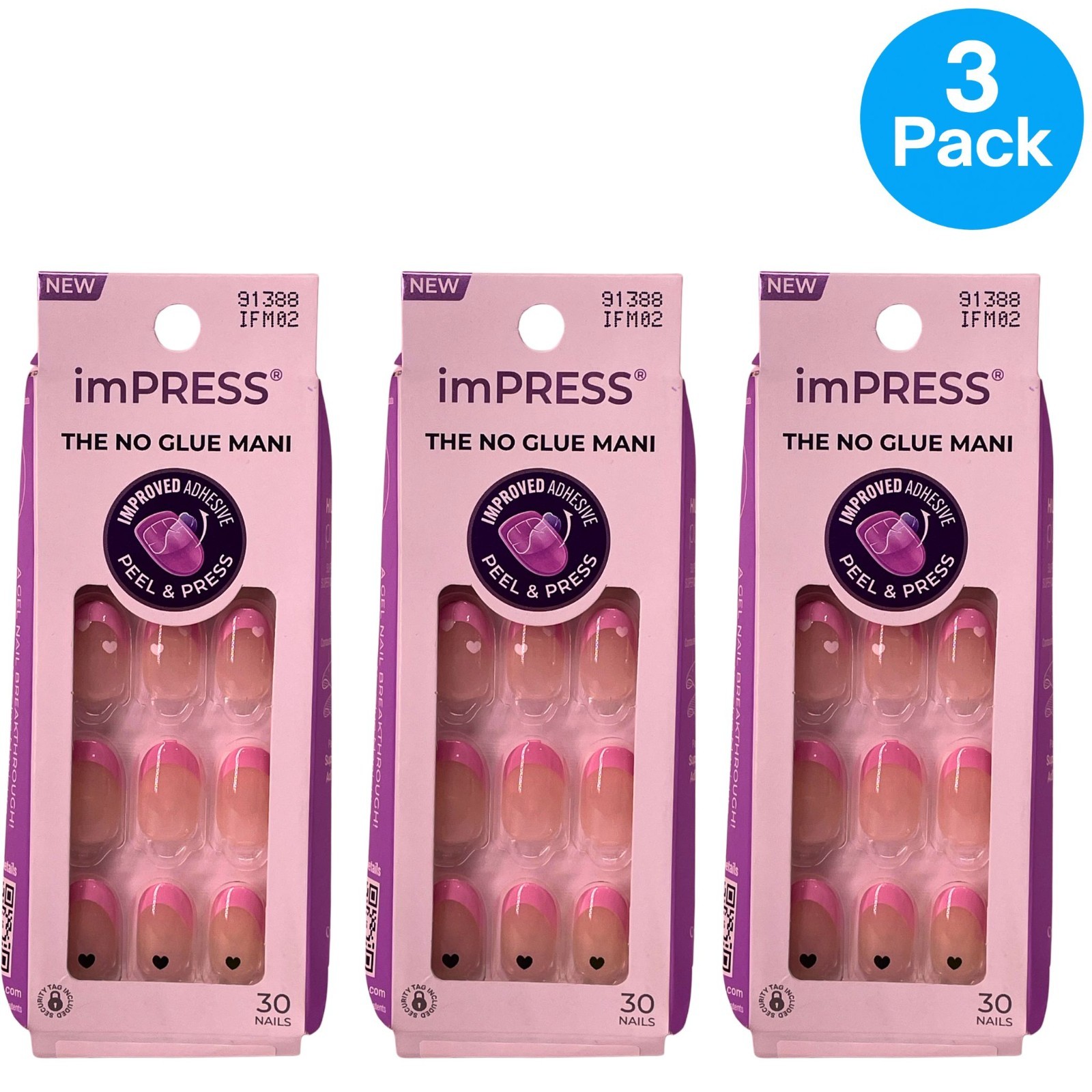 imPRESS Press-On Nails Ditto Pink French Heart Design 30 Count 3 Pack