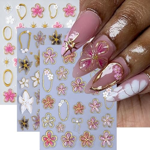 3 Sheets Flower Nail Stickers 5D Embossed Lily gold edged embossed floral