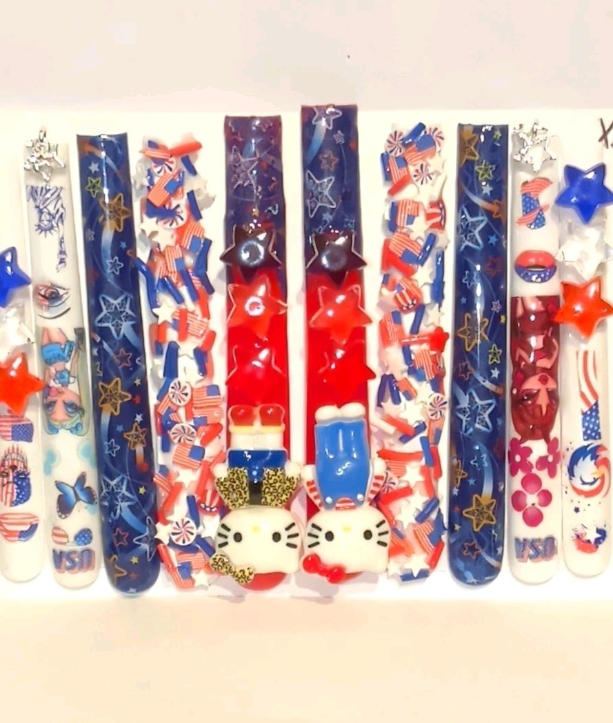Hand Crafted Patriotic 6Xl Press-On Nails Set — Red,White & Blue Stars SZ XL