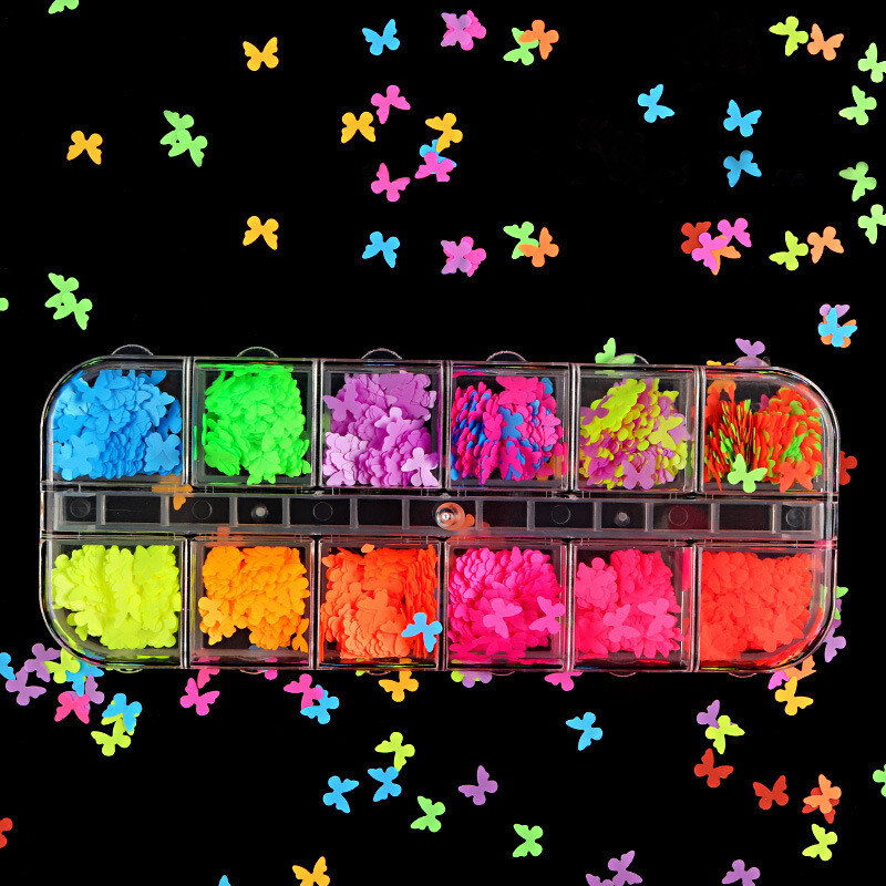 12 Grids Laser Nail Sequins Glitter Colorful Fluorescence Nail Flakes 3D