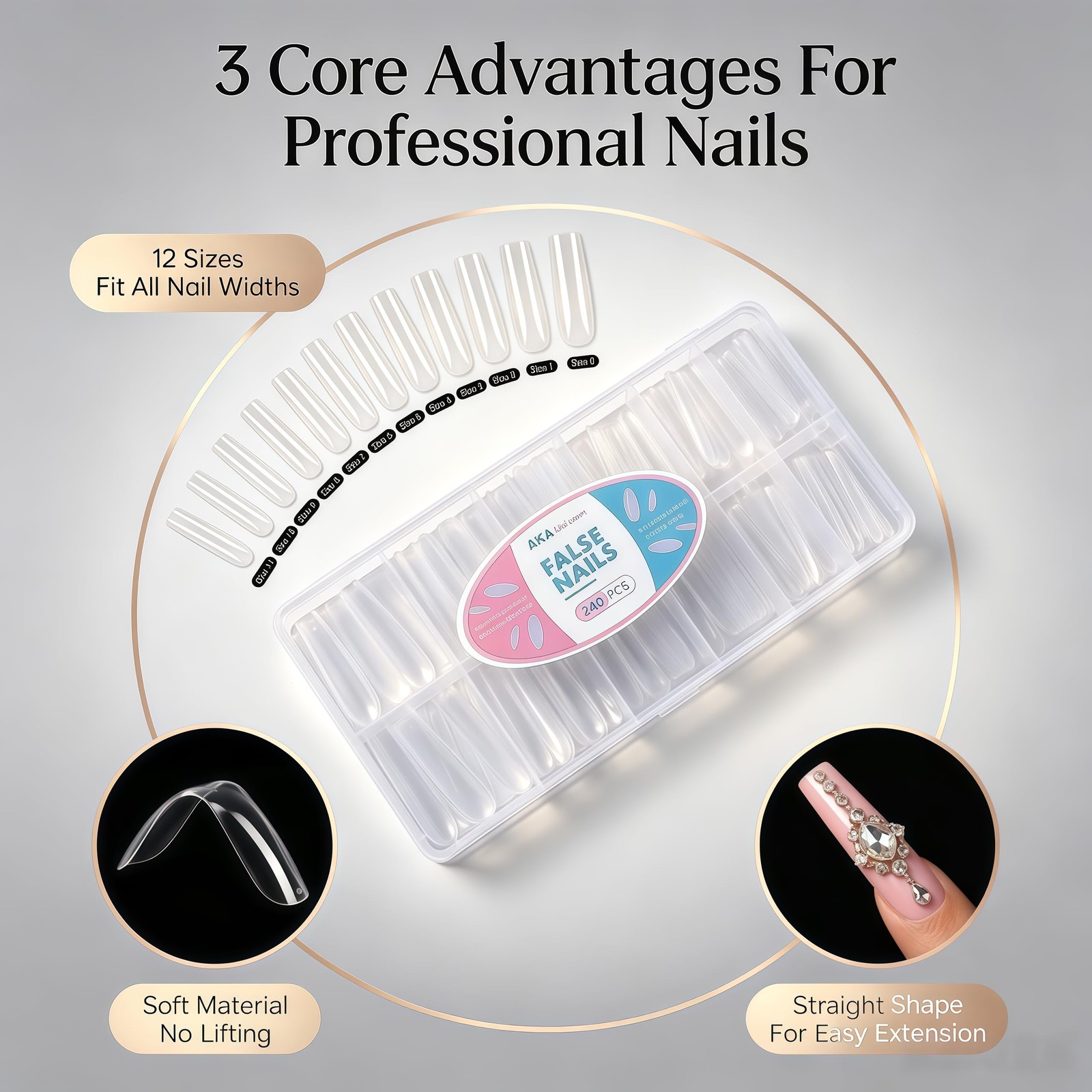 Long Square Nail Tips240Pcs Clear Full Cover Soft Gel Nail Tips12 Sizes Pre-S…