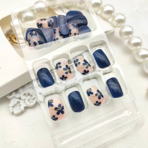 Dark Blue Press on Nails – Short Square Fake Nails with Flower Designs – Spring