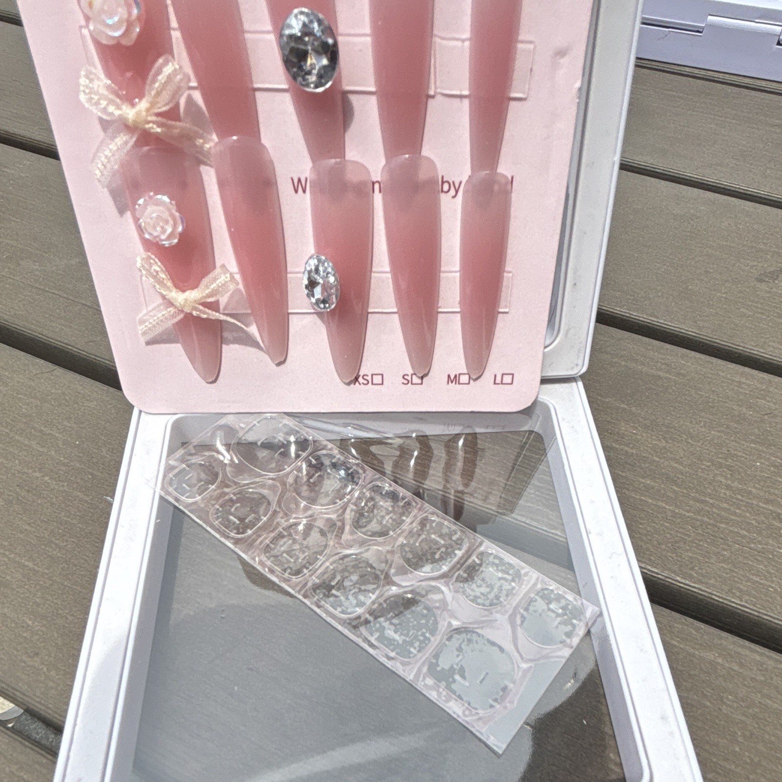 Pink Long Coffin Press-On Nails Self-Adhesive Pre-Designed Shiny Rhinestone Bows