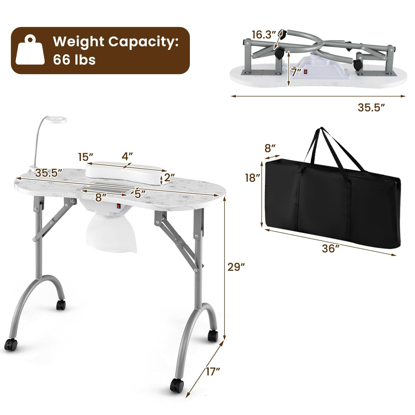 All-in-One Nail Table Manicure Desk with Dust Collector, LED Lamp & Carry Bag, M