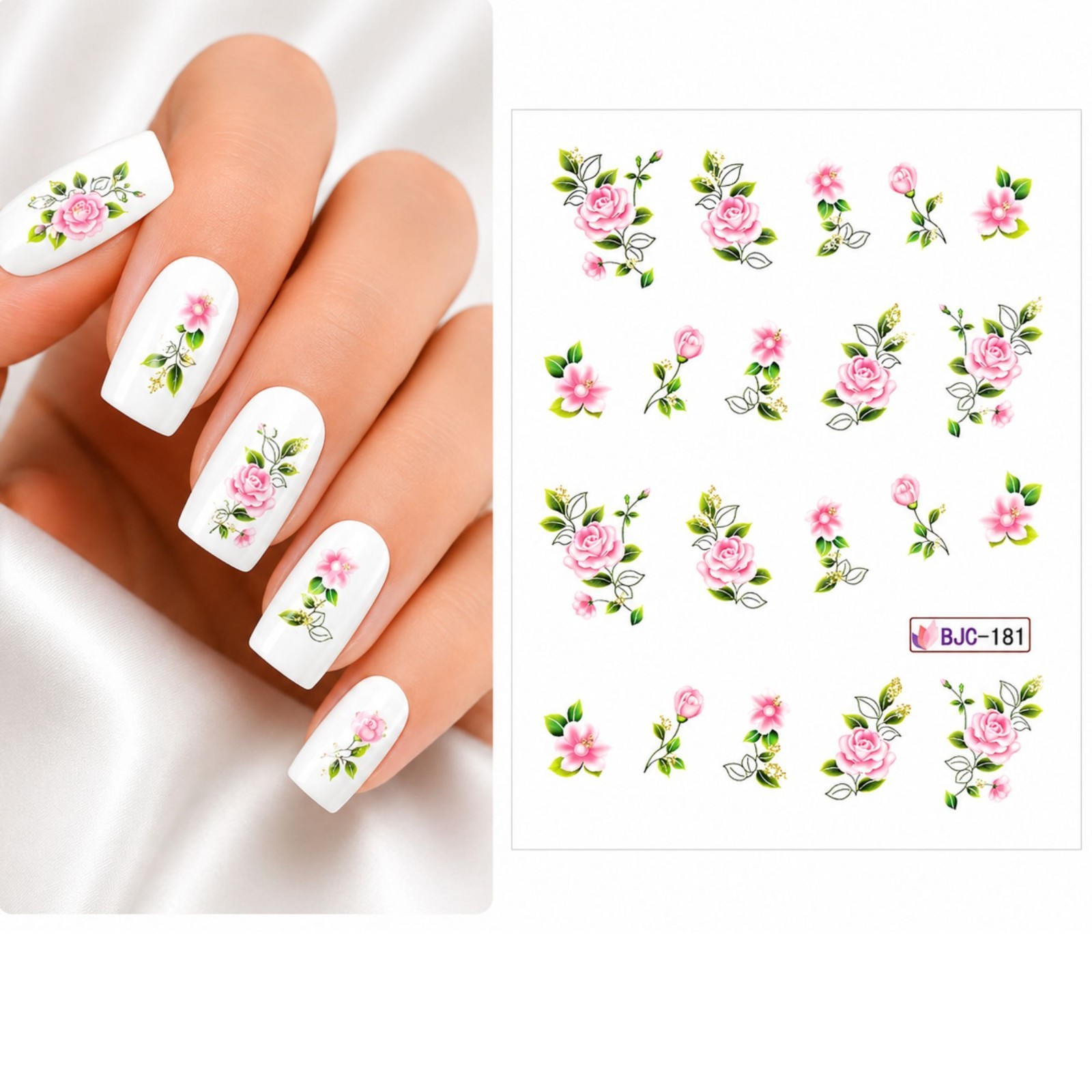 pink Rose Floral Water Transfer Silver Nail Decal DIY Manicure Blossom flower