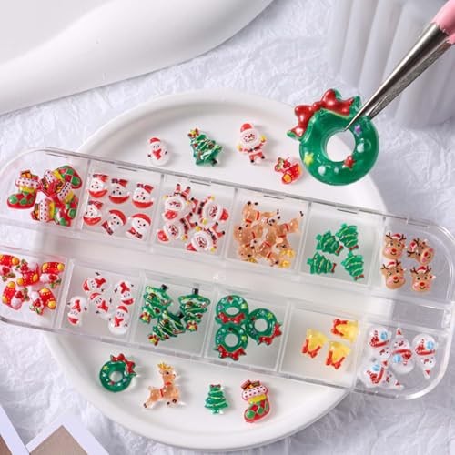 ONPRESS 12Girds/50pcs Christmas Nail Charms Colorful Mini Snowman Xmas Tree