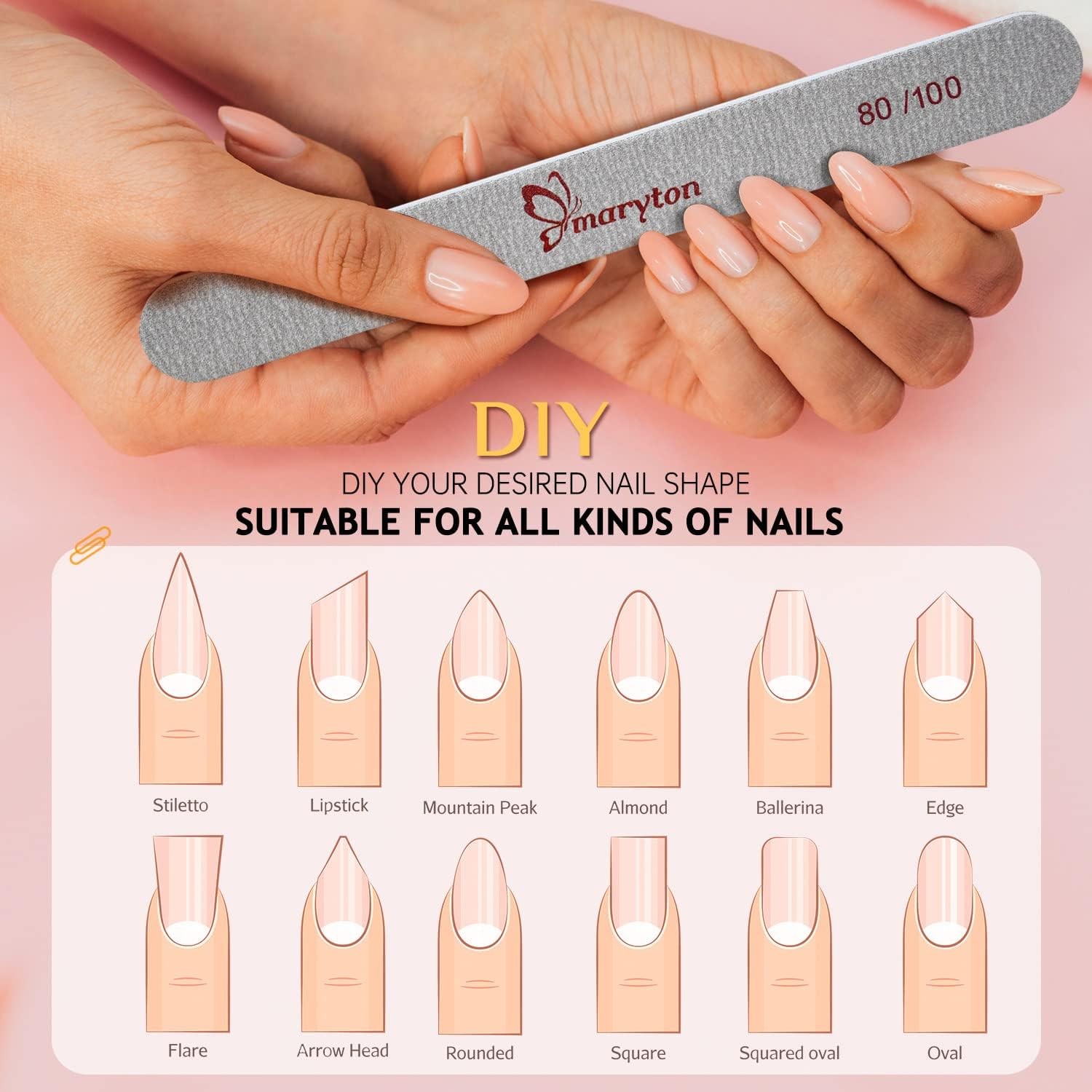 Maryton Nail File Emery Board 100/180 Grit for Acrylic Nails Poly l