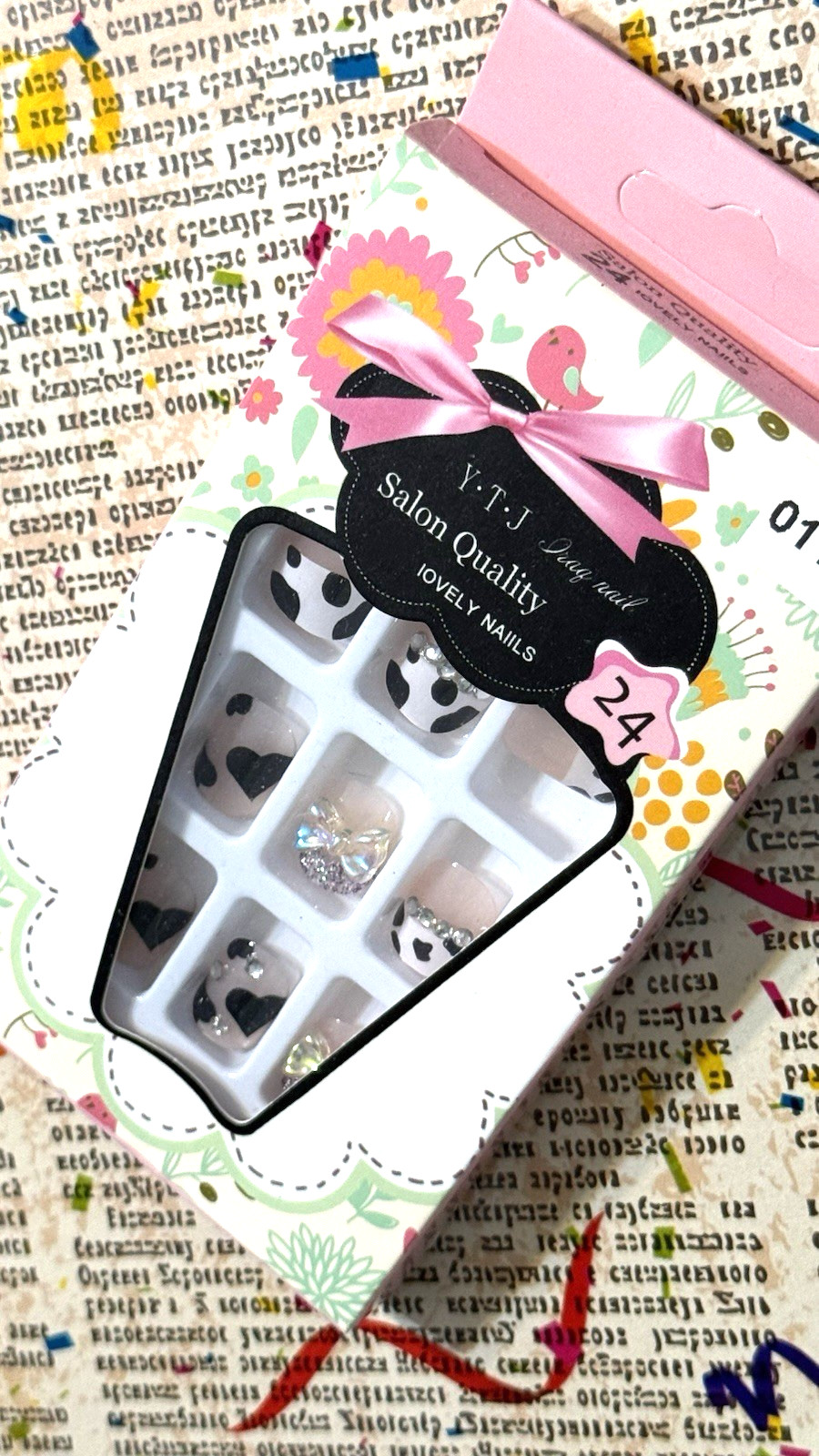 YTJ Salon Quality Lovely Press On Nails HEART & COW PRINT FRENCH TIP with BOWS