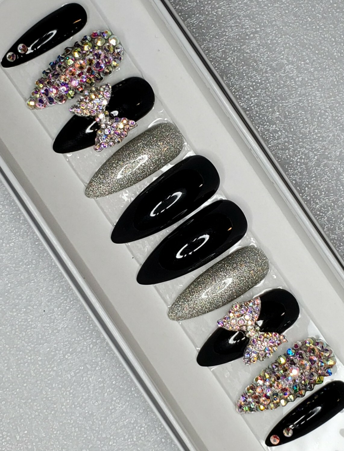 Black holographic glitter bling press on nails holo diamond crystal stiletto