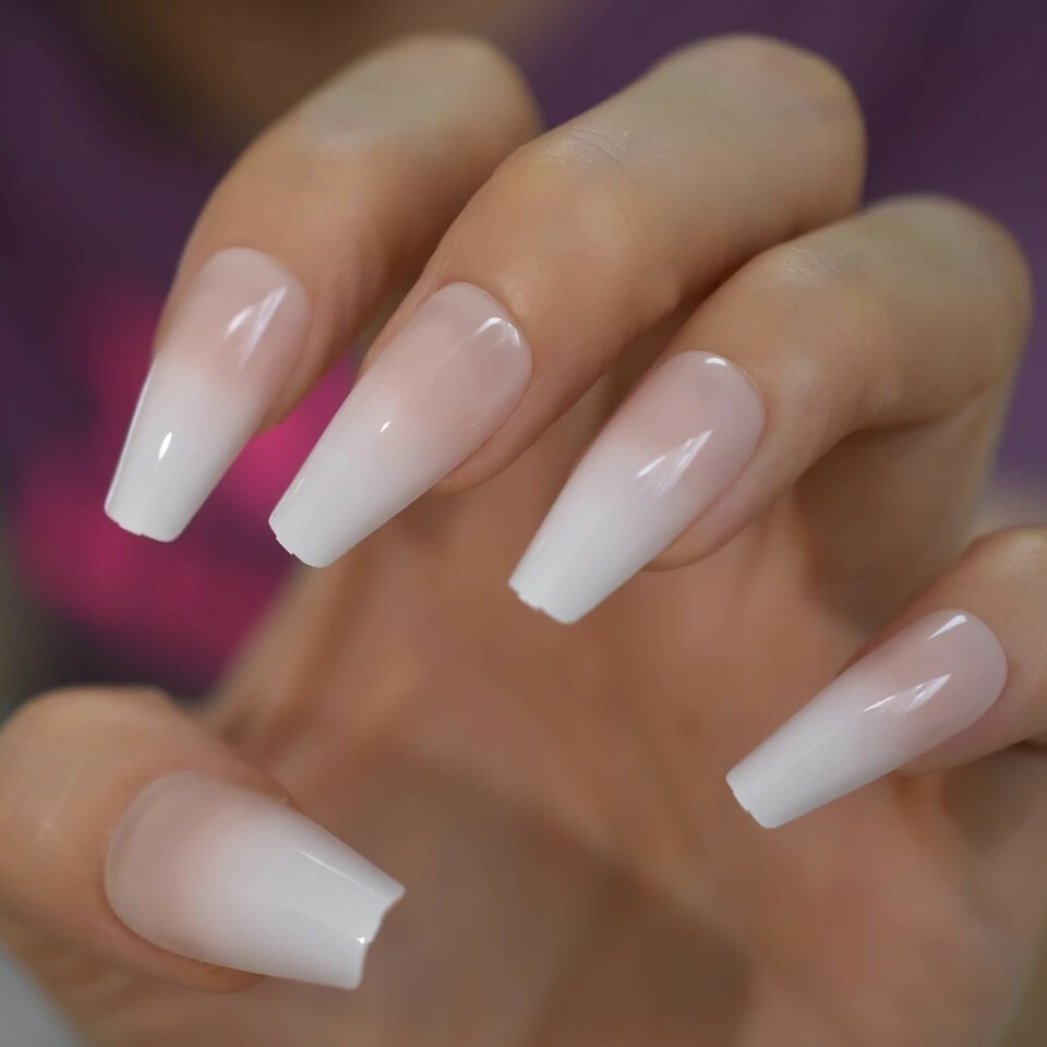 Press On Nails Long Coffin Ombre Pink French Tip Manicure Baby boomer