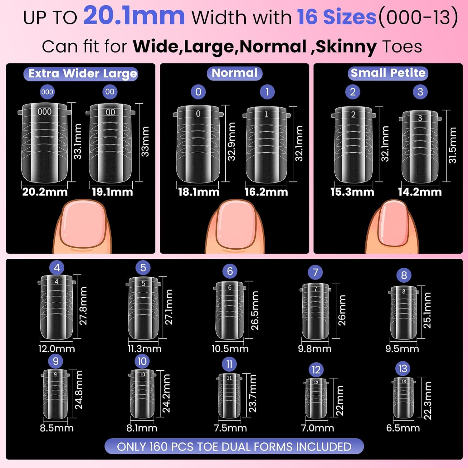 Wide Pre-Etched Square Toe Dual Forms for Polygel, Poly Gel Toenail Forms Molds