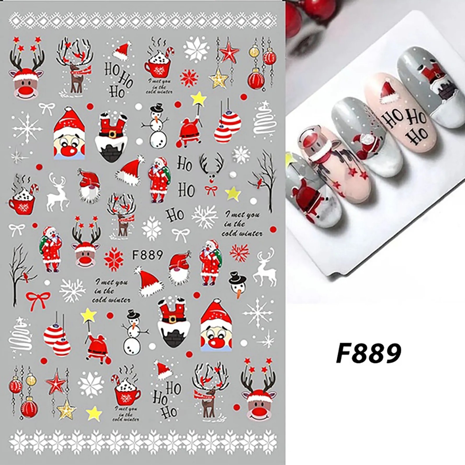 Nail Art 3D Decal Stickers funny deer Santa Claus Ho-Ho-Ho snowflake F889