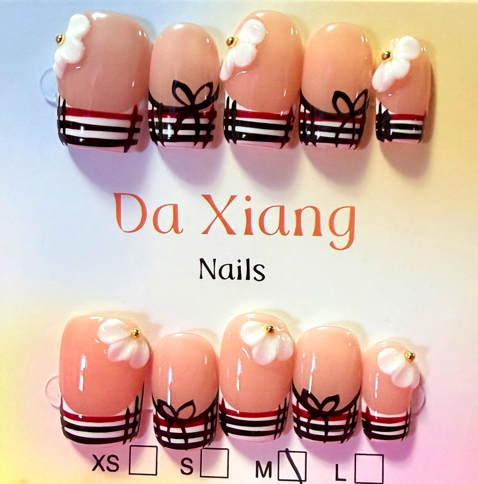 Da Xiang Pink/Black/White/Gold 3D Bow Square Press-On Nails, Medium, Full Cover