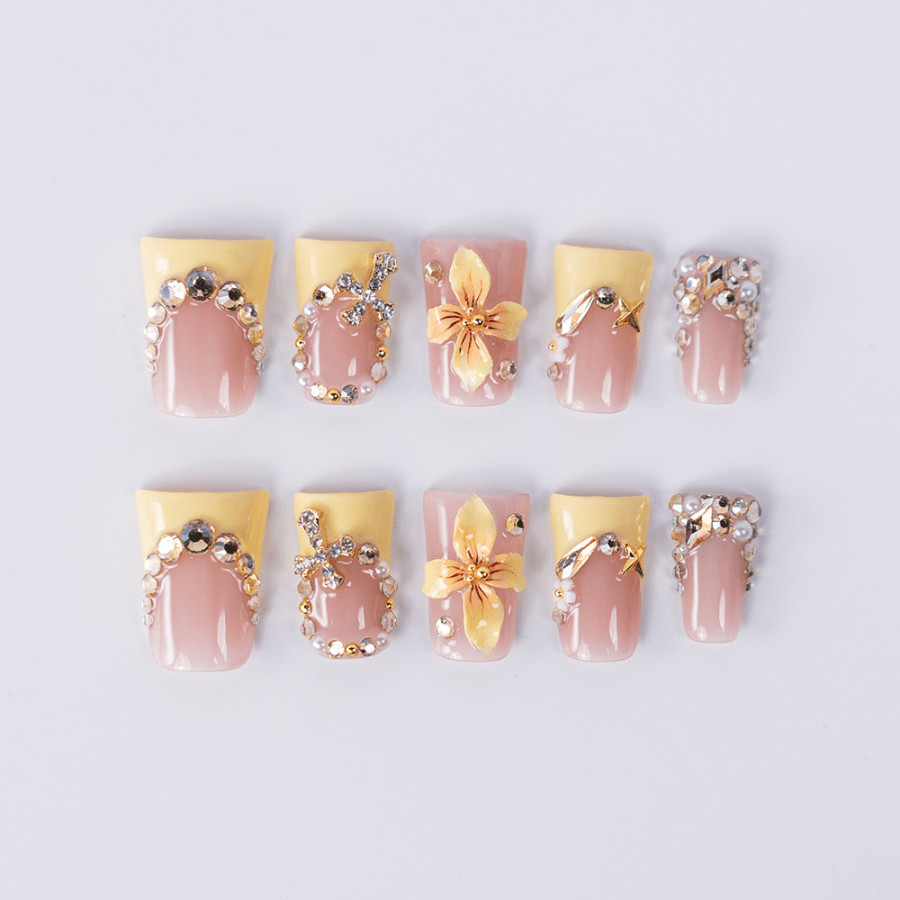 10pcs Short Square Press on Nails, Nude Yellow Gold Flower Cross Manicure