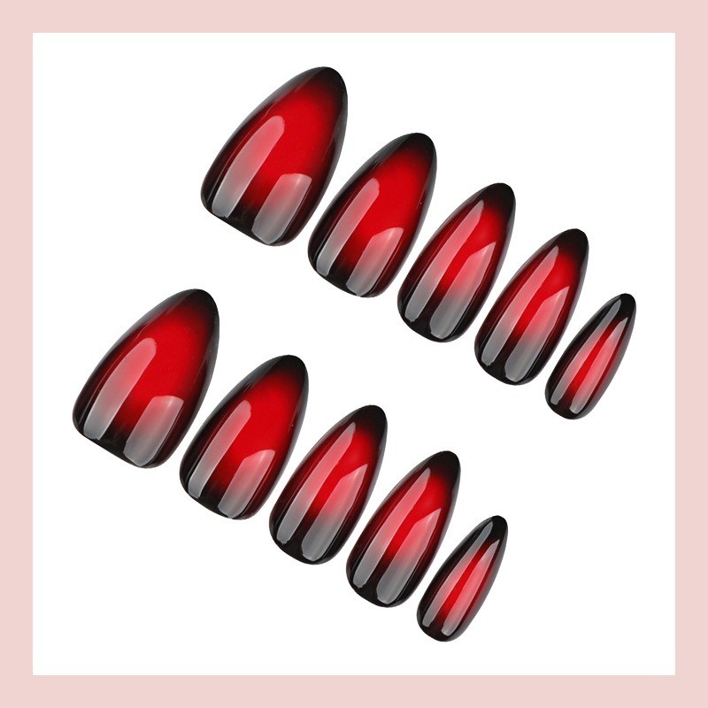 48 Pcs of Red Gradient Almond Fake Nails, Solid Color Gradient Smooth Nail Art