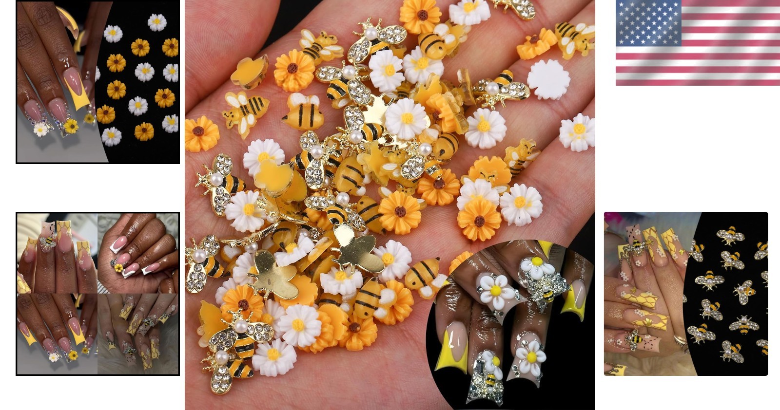 Cute Cartoon Bee Nail Charms 60Pcs Resin Daisy Flower Rhinestones for Nails