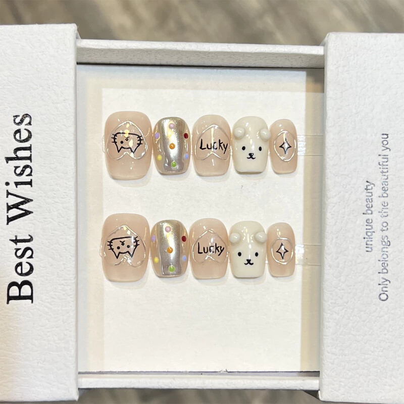 Handmade French Handpainted Cute Animal 3D Bow Fake Nail Short Press On Nail Set