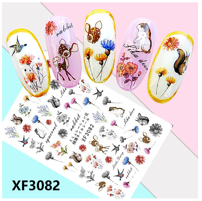 Nail Art Stickers Decals 12Pcs Flower Fruit Ladybirds Owl Cat Self-Adhesive NS34