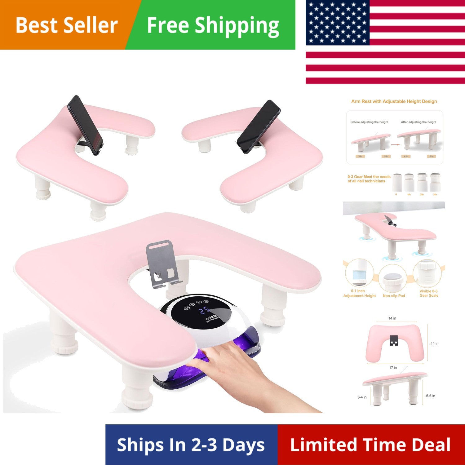 Arm Rest for Nails Tech with a Build-in Phone Holder,U shaped Adjustable Base…